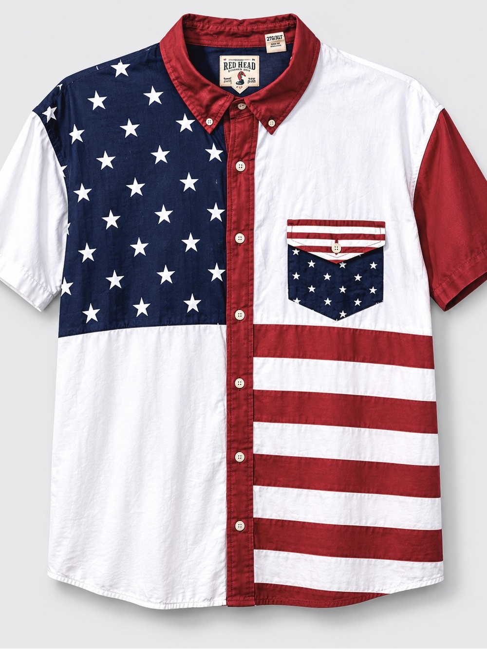 Y2K Red Head American Flag Button Shirt Men 2XL Patriotic USA 4th July Western